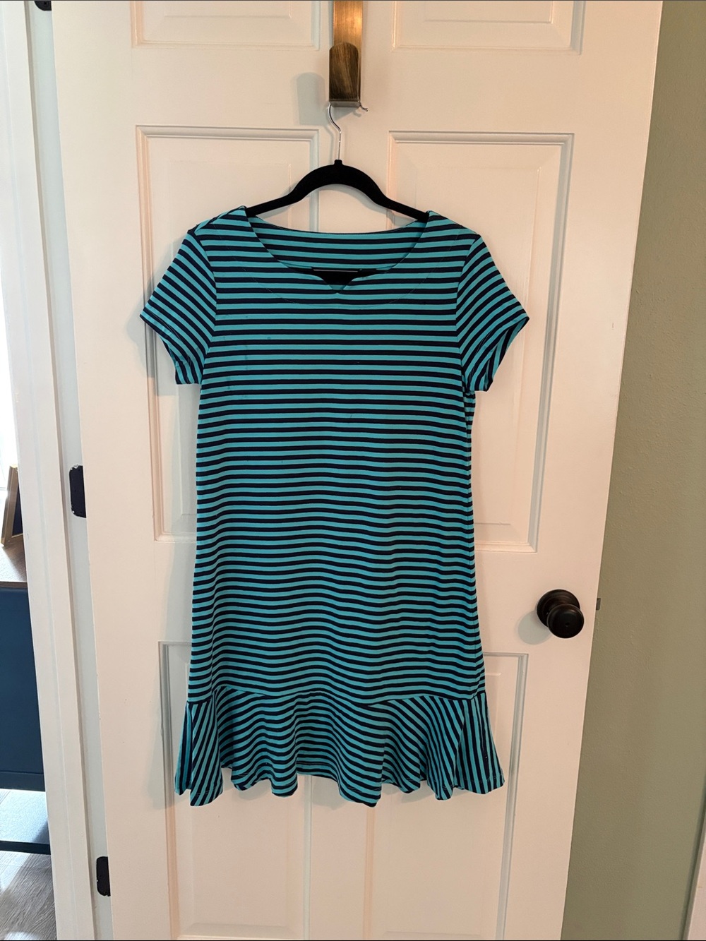 Lands' End Teal and Navy Striped Short Sleeve Dress